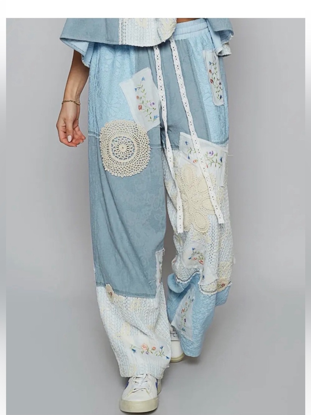 POL Light Blue Patchwork Crochet Wide-Leg Pants